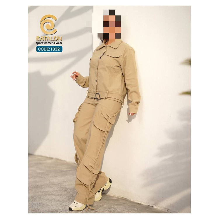 ست مانتو کتی و شلوار کارگو کتان کشی فری ۳۶ تا ۴۴ تن شیک