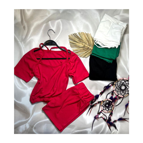 ست تاپ کراپ نیمتنه شورتک شلوارک فانریپ پنبه کبریتی فری سایز 38 تا 42 تن شیک