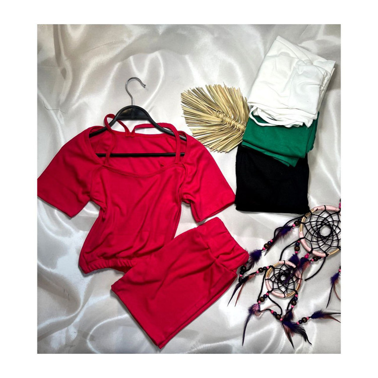 ست تاپ کراپ نیمتنه شورتک شلوارک فانریپ پنبه کبریتی فری سایز 38 تا 42 تن شیک