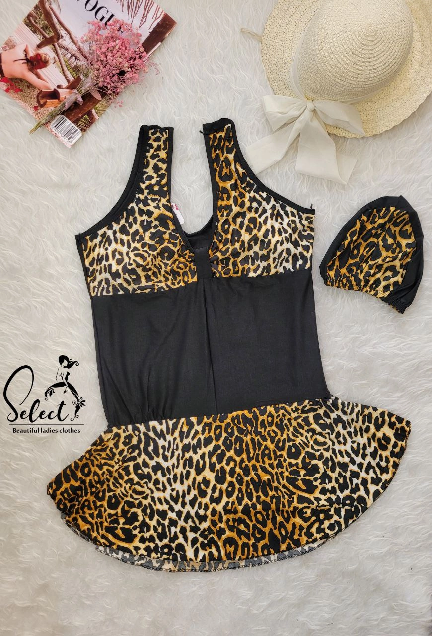 مایو دامن دار پلنگی همراه کلاه فوق بیگ سایز بزرگ فری سایز ۴۶ تا ۵۴ تن شیک