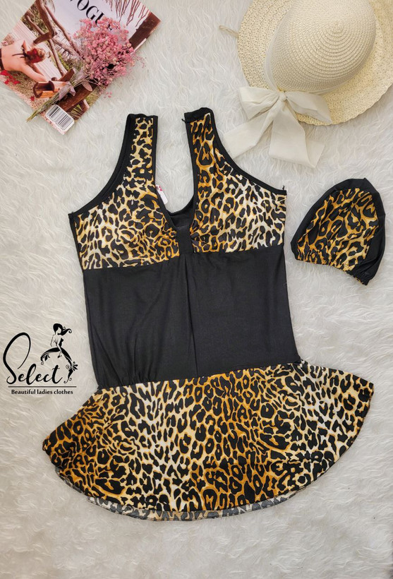 مایو دامن دار پلنگی همراه کلاه فوق بیگ سایز بزرگ فری سایز ۴۶ تا ۵۴ تن شیک