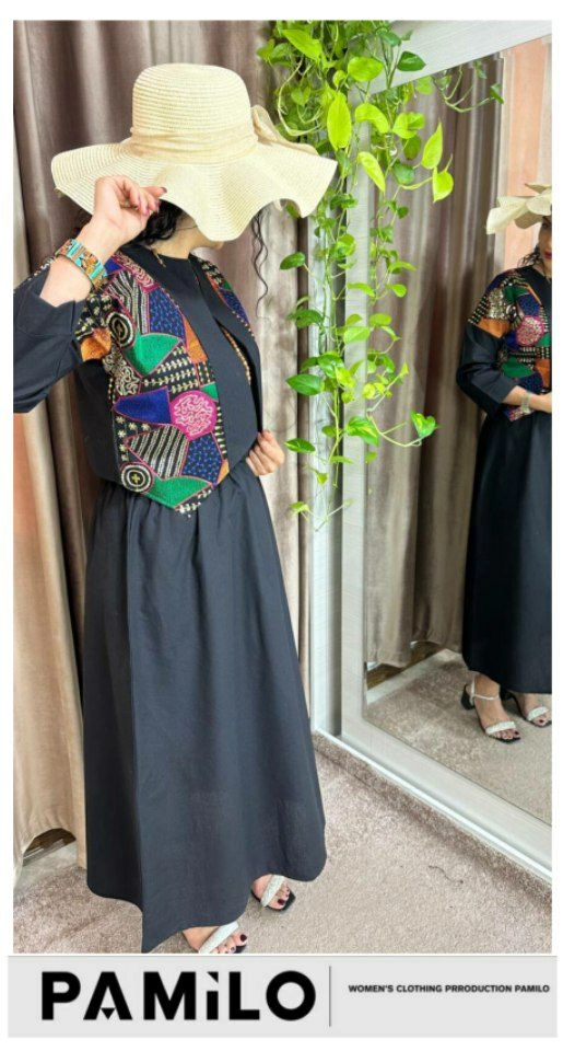 7029 ست ساحلی ماکسی و‌ کت لنین سوزن دوزی فری سایز ۳۸ تا ۴۴ تن شیک - ۱