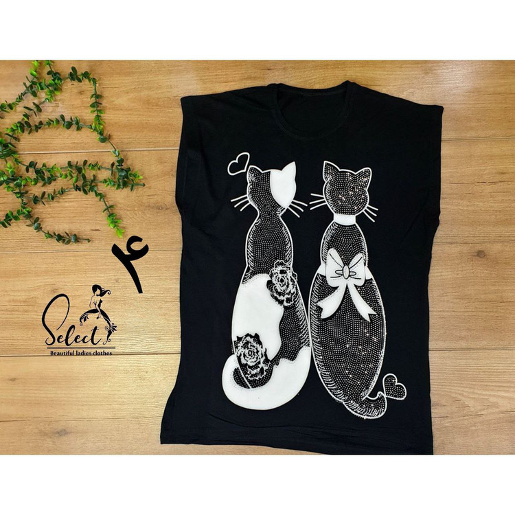 تاپ تک مشکی چاپی و نگین کاری ویسکوز بیگ سایز بزرگ قد ۶۷ فری سایز ۴۰ تا ۵۲ تن شیک