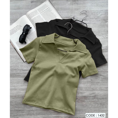 تیشرت کراپ یقه دار فانریپ کبریتی قد 50 فری سایز 36 تا 42 تن شیک