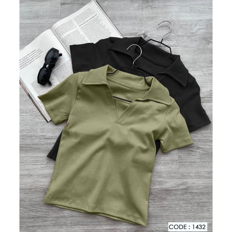 تیشرت کراپ یقه دار فانریپ کبریتی قد 50 فری سایز 36 تا 42 تن شیک