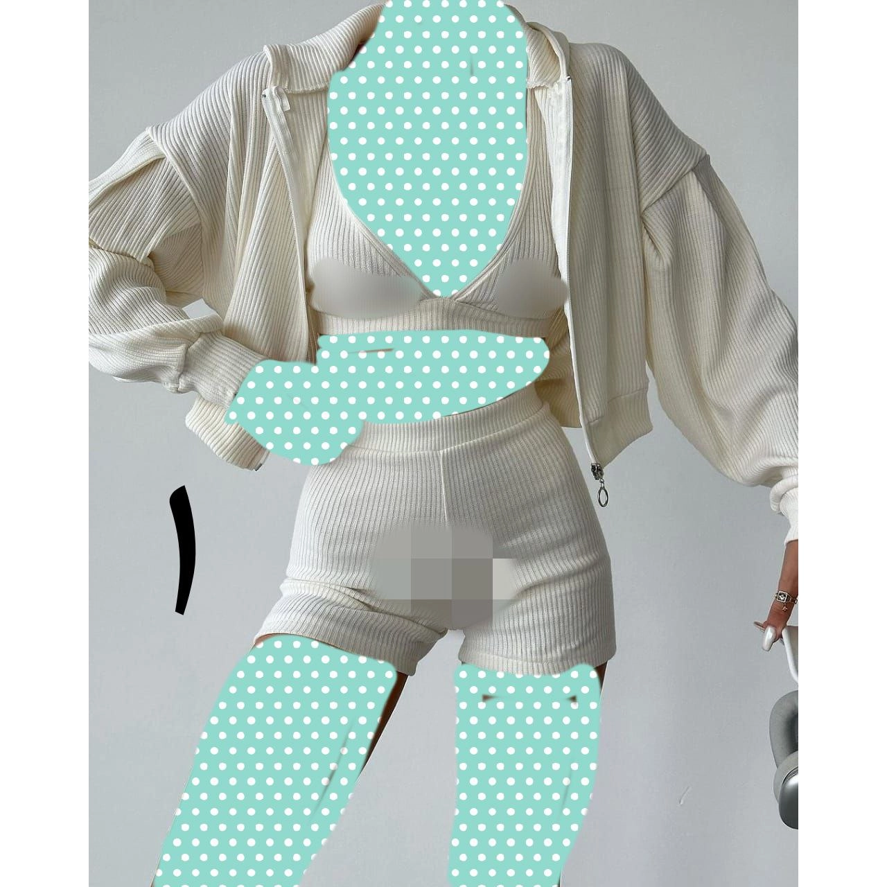 ست ۳ تیکه کراپ نیمتنه و سویشرت رویه و شلوارک تمامکش فانریپ کبریتی فری سایز ۳۸ تا ۴۶ تن شیک