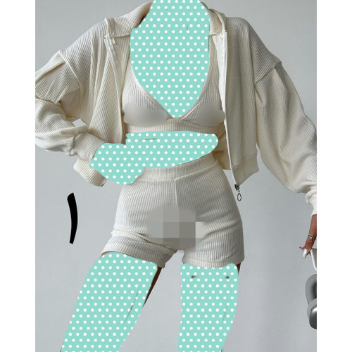 ست ۳ تیکه کراپ نیمتنه و سویشرت رویه و شلوارک تمامکش فانریپ کبریتی فری سایز ۳۸ تا ۴۶ تن شیک