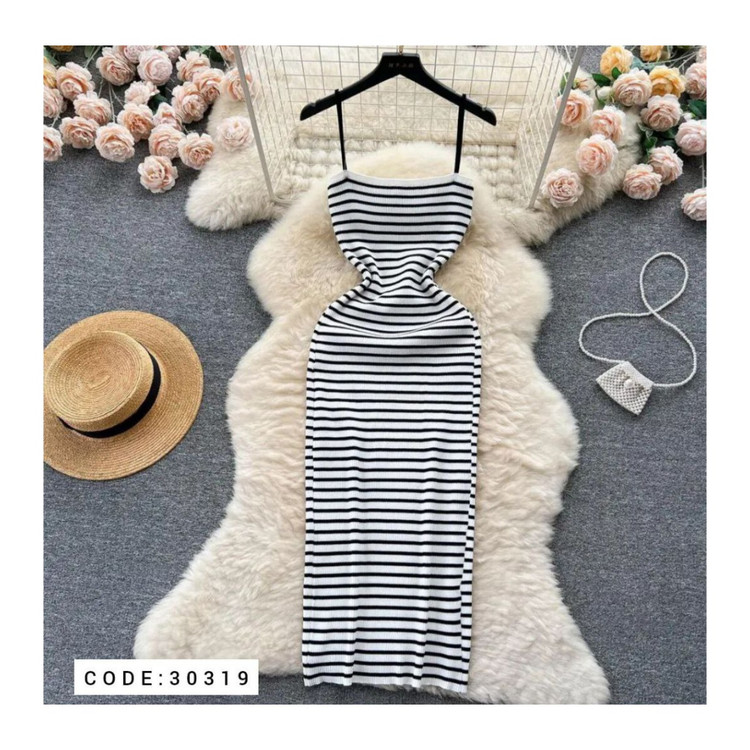 پیراهن ماکسی بندی کبریتی راه راه نواردوزی فری سایز ۳۶ تا ۴۲ تن شیک