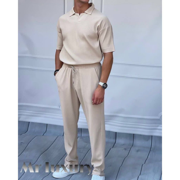 ست پلوشرت باکسی پیراهن یقه دار و شلوار نیم بگ مردانه و پسرانه پارچه مراکشی طرح کبریتی ایکس لارج ، ۲ ایکس لارج ، ۳ ایکس لارج تن شیک