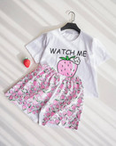 ست تیشرت شلوارک توت فرنگی پنبه درجه یک چاپی فری سایز ۳۶ تا ۵۵ تن شیک