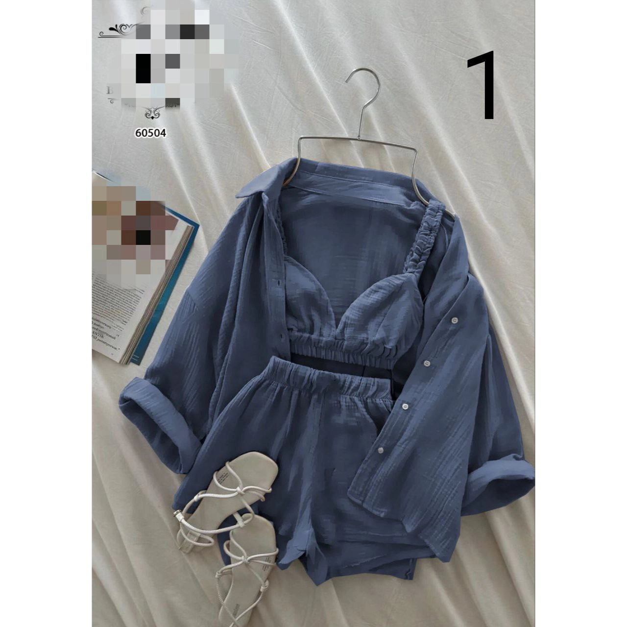 ست ۳ تیکه شومیز شورتک کراپ لینن شانتون فری سایز ۳۶ تا ۴۲ تن شیک