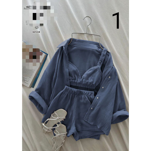 ست ۳ تیکه شومیز شورتک کراپ لینن شانتون فری سایز ۳۶ تا ۴۲ تن شیک