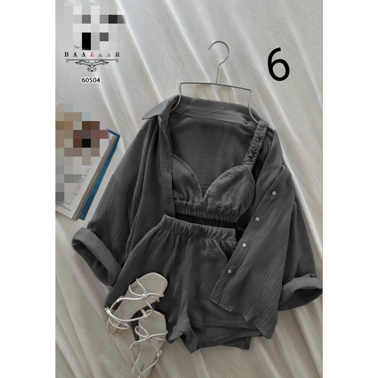 ست ۳ تیکه شومیز شورتک کراپ لینن شانتون فری سایز ۳۶ تا ۴۲ تن شیک