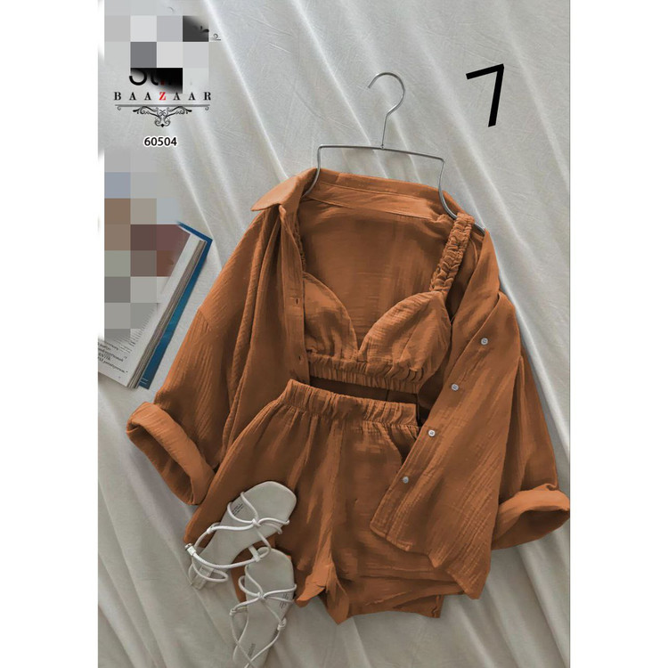 ست ۳ تیکه شومیز شورتک کراپ لینن شانتون فری سایز ۳۶ تا ۴۲ تن شیک