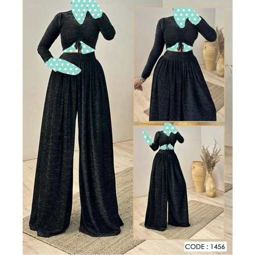 1456 ست کراپ نیمتنه شلوار پیله دار لمه سوزنی نرم و لطیف فری سایز ۳۶ تا ۴۴ تن شیک