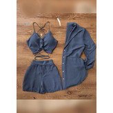 60503 ست ۳ تکه شومیز و شورتک و کراپ نیمتنه لینن شانتون (سایز طبق توضیحات) تن شیک