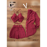 60503 ست ۳ تکه شومیز و شورتک و کراپ نیمتنه لینن شانتون (سایز طبق توضیحات) تن شیک