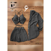 60503 ست ۳ تکه شومیز و شورتک و کراپ نیمتنه لینن شانتون (سایز طبق توضیحات) تن شیک