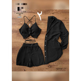 60503 ست ۳ تکه شومیز و شورتک و کراپ نیمتنه لینن شانتون (سایز طبق توضیحات) تن شیک