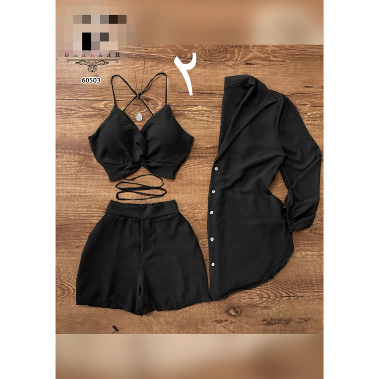 60503 ست ۳ تکه شومیز و شورتک و کراپ نیمتنه لینن شانتون (سایز طبق توضیحات) تن شیک