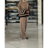 02101 ست پولیور تونیک بلوز و شلوار راه راه بافت بافتنی لطیف فری سایز ۳۶ تا ۴۴ تن شیک