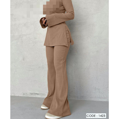 1423 ست بلوز تیشرت و شلوار یقه اسکی فانریپ کبریتی فری سایز ۳۸ تا ۴۲ تن شیک