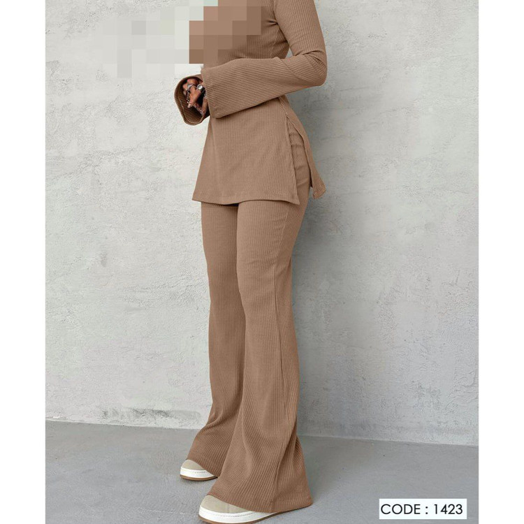 1423 ست بلوز تیشرت و شلوار یقه اسکی فانریپ کبریتی فری سایز ۳۸ تا ۴۲ تن شیک