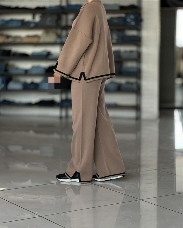 02107 ست پلیور و شلوار بافت راه راه پایین خط دار فری سایز ۳۶ تا ۴۸ تن شیک