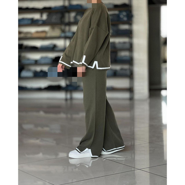 02107 ست پلیور و شلوار بافت راه راه پایین خط دار فری سایز ۳۶ تا ۴۸ تن شیک