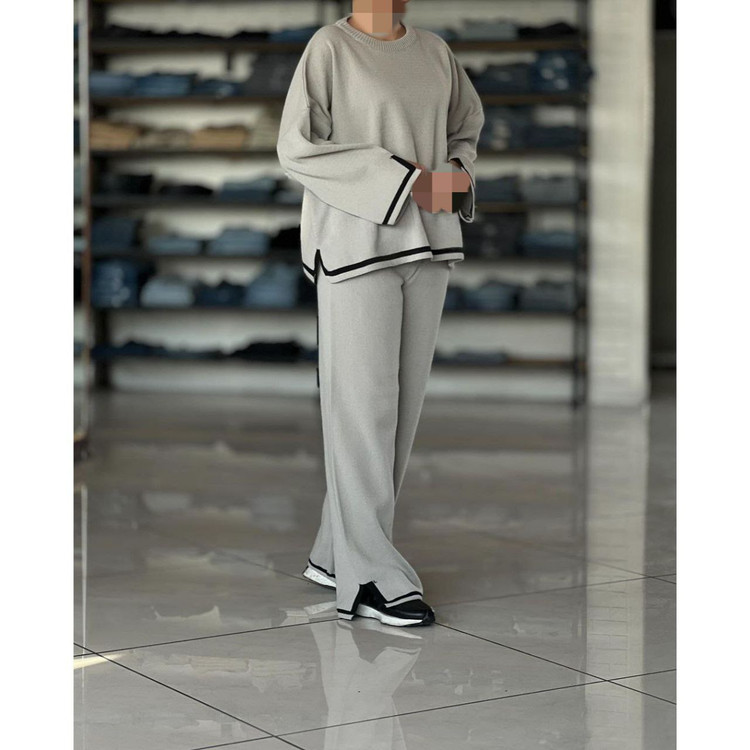 02107 ست پلیور و شلوار بافت راه راه پایین خط دار فری سایز ۳۶ تا ۴۸ تن شیک