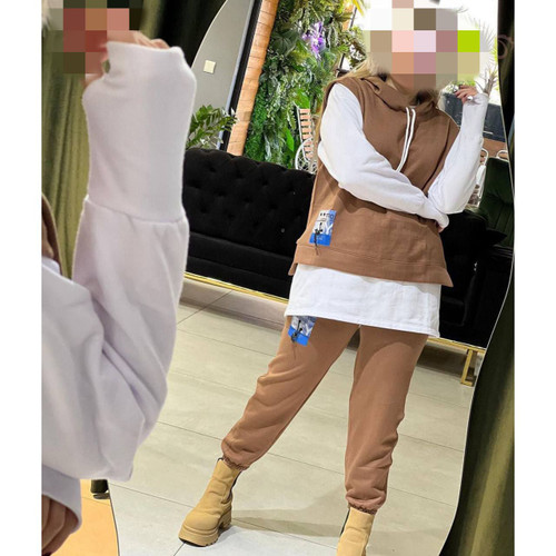 02112 ست سه تیکه وِست و هودی و شلوار دورس ۳ نخ ضخیم داخل کرکی گِرَم بالا فری سایز ۳۶ تا ۴۴ برای ۴۶ حذب تن شیک