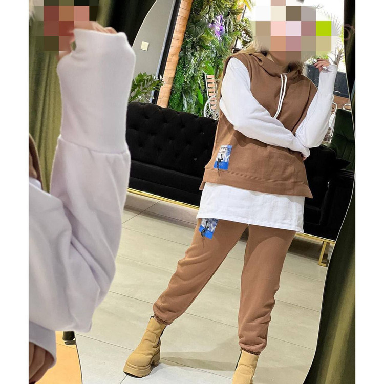 02112 ست سه تیکه وِست و هودی و شلوار دورس ۳ نخ ضخیم داخل کرکی گِرَم بالا فری سایز ۳۶ تا ۴۴ برای ۴۶ حذب تن شیک