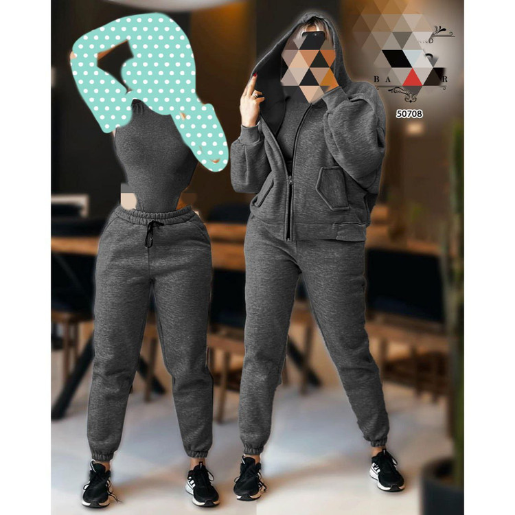 50708 ست ۳ تیکه هودی خفاشی سویشرتی و شلوار دورس داخل کرکی و بادی فانریپ فری ۳۶ تا ۴۴ تن شیک