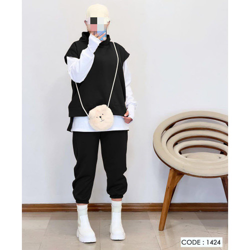 1424 ست 3 تیکه ژیله و بلوز و شلوار دورس کرکی فری سایز 36 تا 44 تن شیک