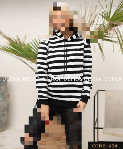 454 هودی کلاهدار راه راه دورس 3 نخ کرکی فری سایز 36 تا 44 تن شیک