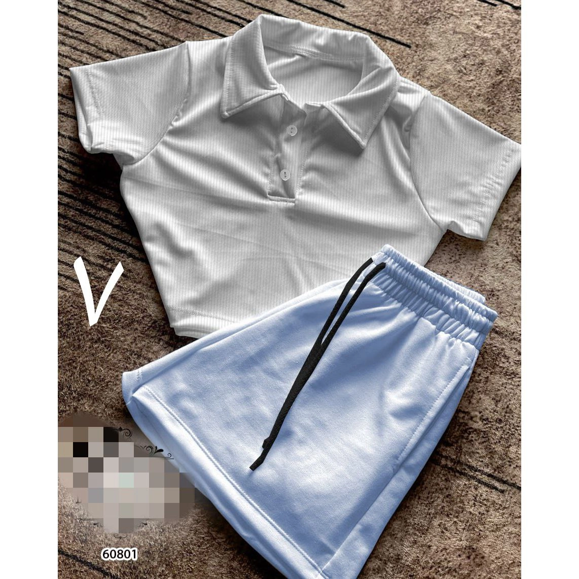 60801 ست کراپ نیمتنه کبریتی و شورتک دورس کرکی تن شیک