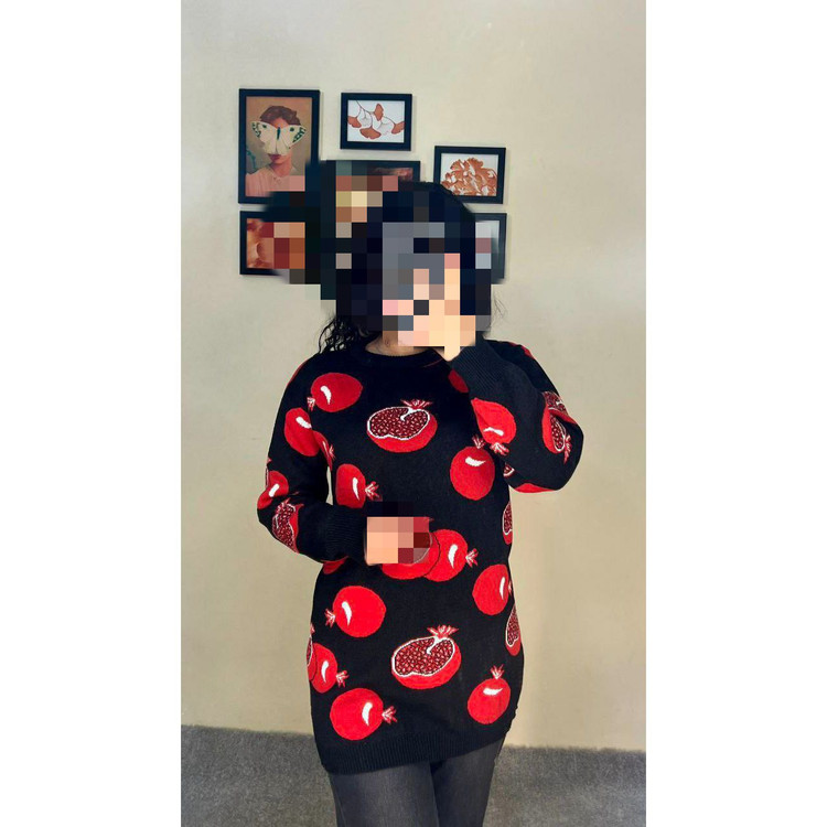 02125 بافت بافتنی آکرلیک طرح انار یلدایی قد ۷۰ فریسایز ۳۶ تا ۴۴ تن شیک