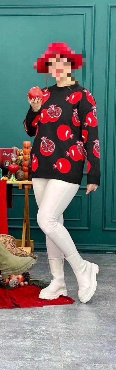 02125 بافت بافتنی آکرلیک طرح انار یلدایی قد ۷۰ فریسایز ۳۶ تا ۴۴ تن شیک