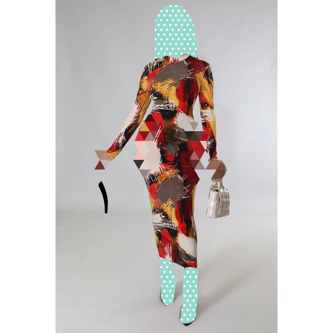 20220 پیراهن ماکسی طرحدار آستین بلند چاپی فلامنت چاپ دیجیتال عالی فری سایز ۳۶ تا ۴۲ تن شیک