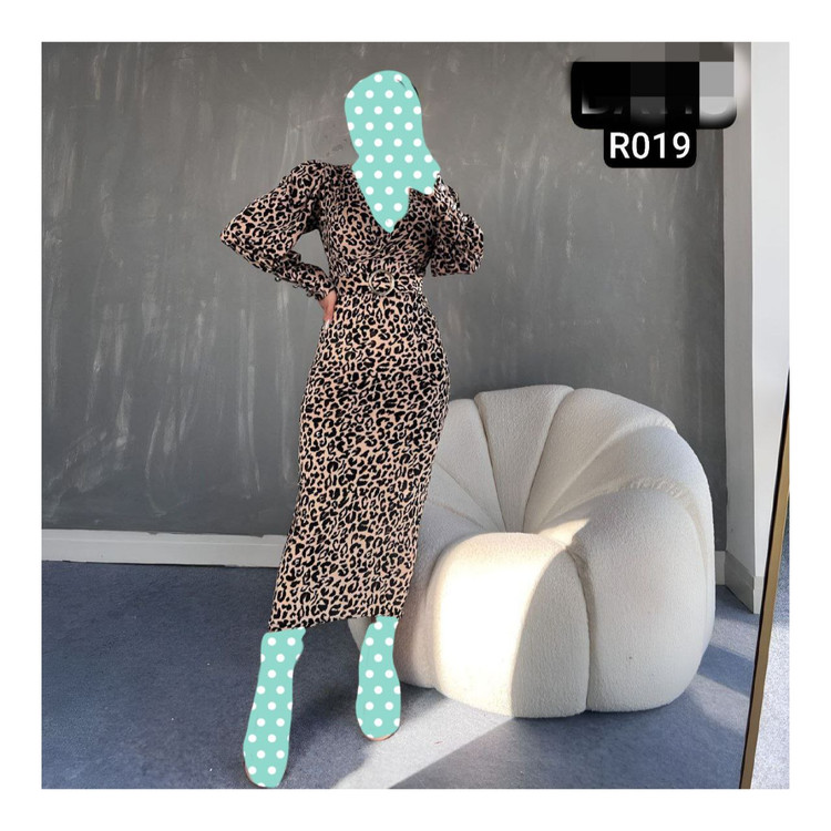 R019 پیراهن آستین اسپانیایی پلنگی کریشه خنک قد ۱۱۰ فری سایز ۳۶ تا ۴۴ تن شیک