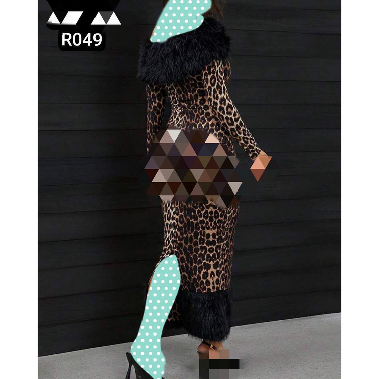 R049 پیراهن پلنگی چاکدار جنس غواصی و خز فری سایز ۳۶ تا ۴۴ تن شیک