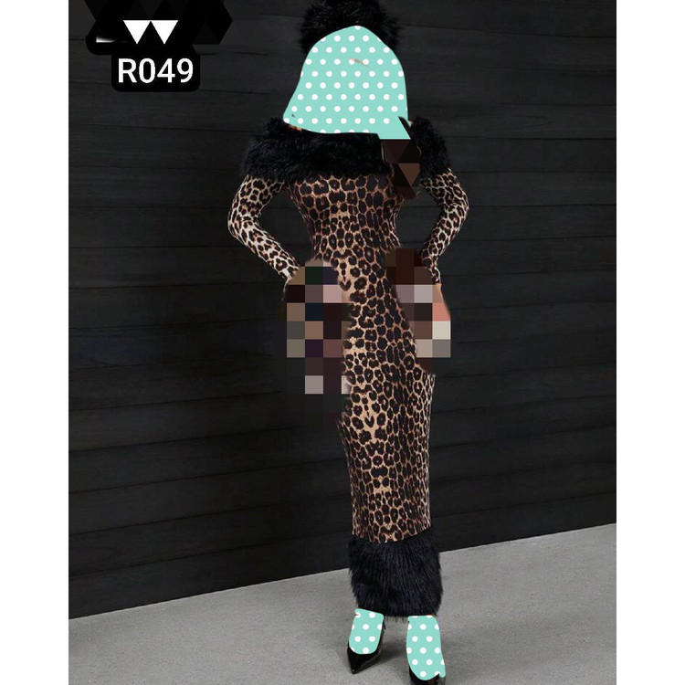 R049 پیراهن پلنگی چاکدار جنس غواصی و خز فری سایز ۳۶ تا ۴۴ تن شیک