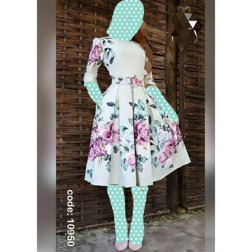 TANKHO پیراهن عروسکی گلدار با کمربند پشت زیپ دار کرپ غواصی فری سایز ۳۶ تا ۴۴ تن شیک