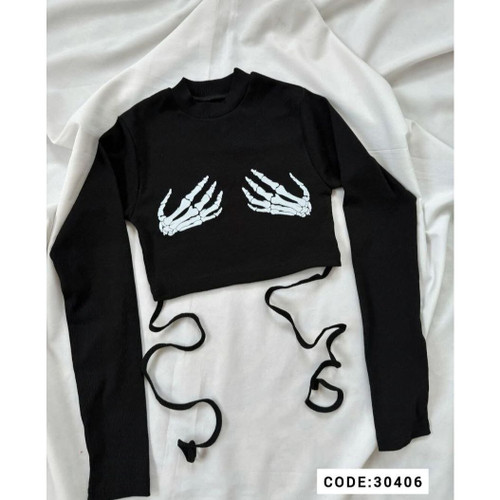 30406 کراپ نیمتنه مشکی آستین دار فینگری شصتی کبریتی فری سایز ۳۶ تا ۴۲ تن شیک