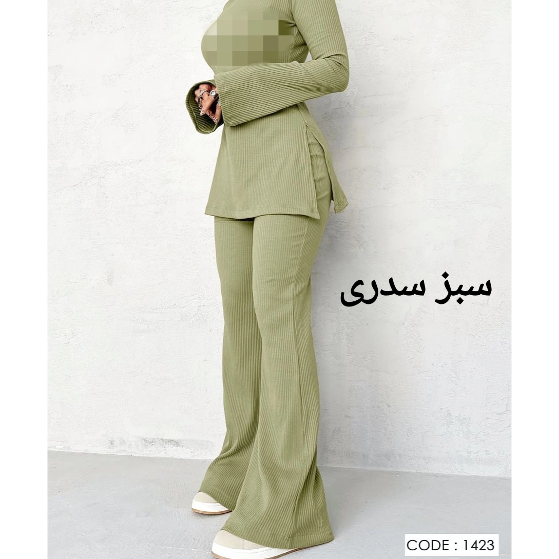 1423 ست بلوز تیشرت و‌‌ شلوار یقه اسکی فانریپ کبریتی فری سایز ۳۸ تا ۴۲ تن شیک