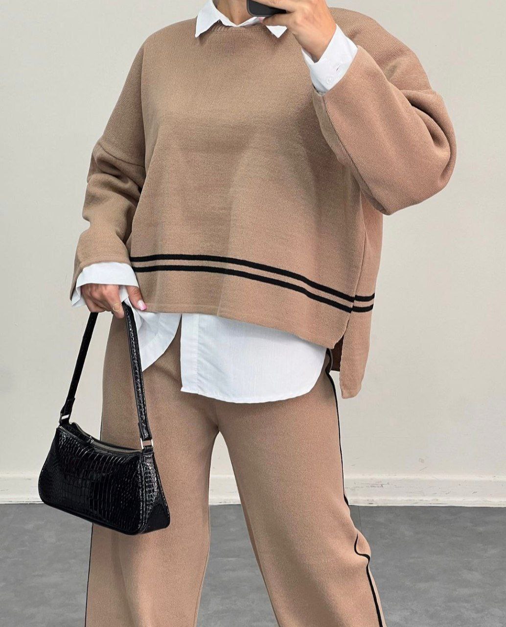 02102 ست پولیور بلوز و شلوار بافت دو‌خط لطیف و نرم فری سایز ۳۶ تا ۴۴ تن شیک