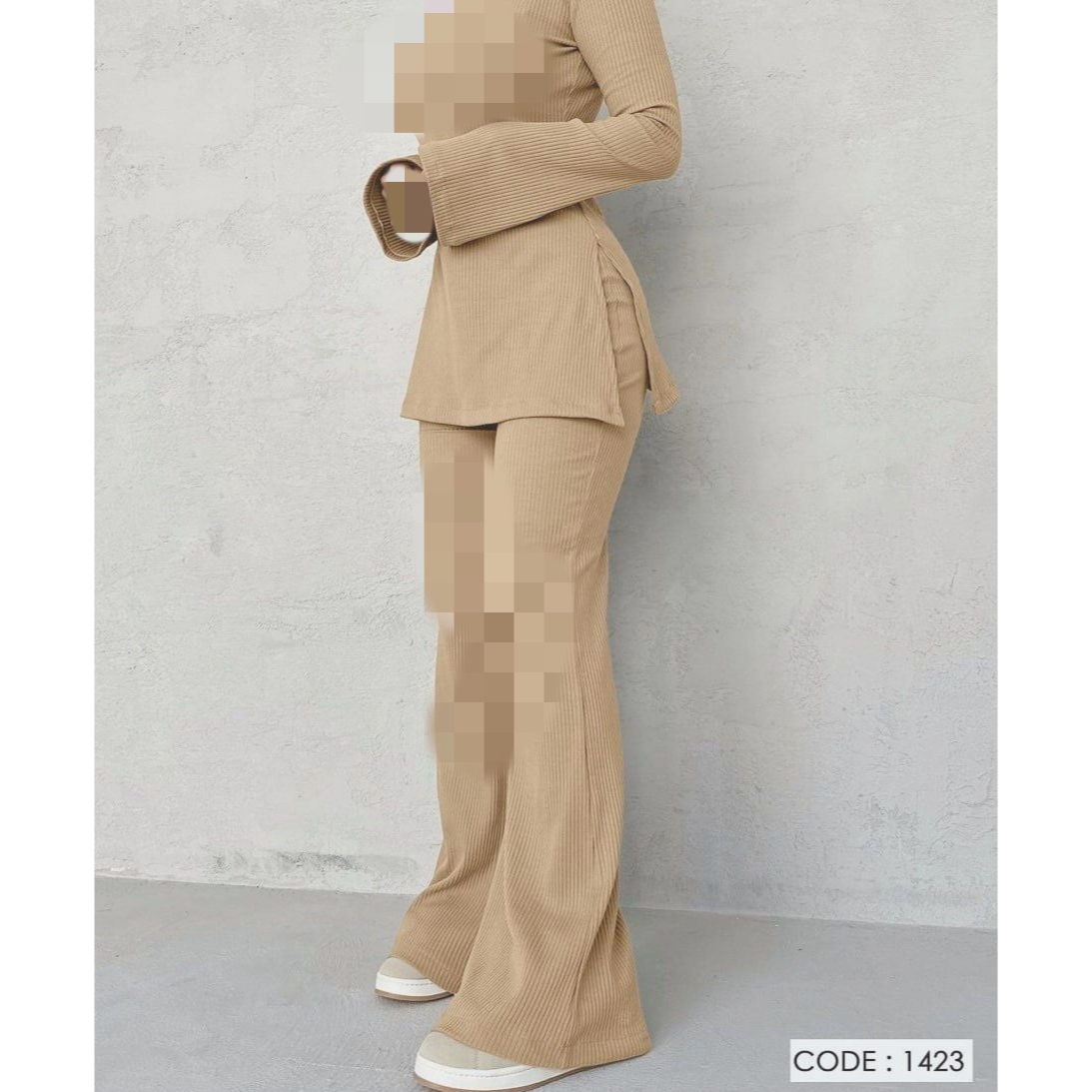 1423 ست بلوز تیشرت و‌‌ شلوار یقه اسکی فانریپ کبریتی فری سایز ۳۸ تا ۴۲ تن شیک