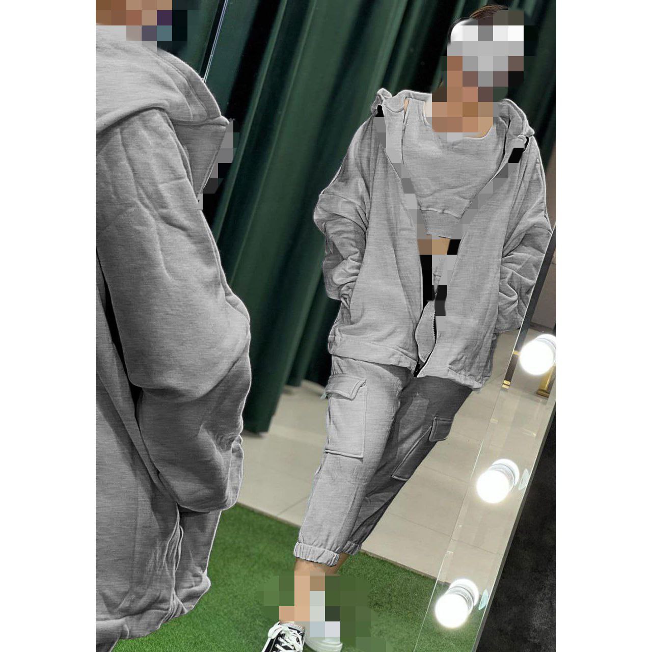 40612 ست ۳ تیکه سویشرت سوییشرت سوئیشرت و کراپ نیمتنه و جاگر بغل جیب دورس کرکی توکرکی داخل کرکی فری سایز ۳۶ تا ۴۲ تن شیک