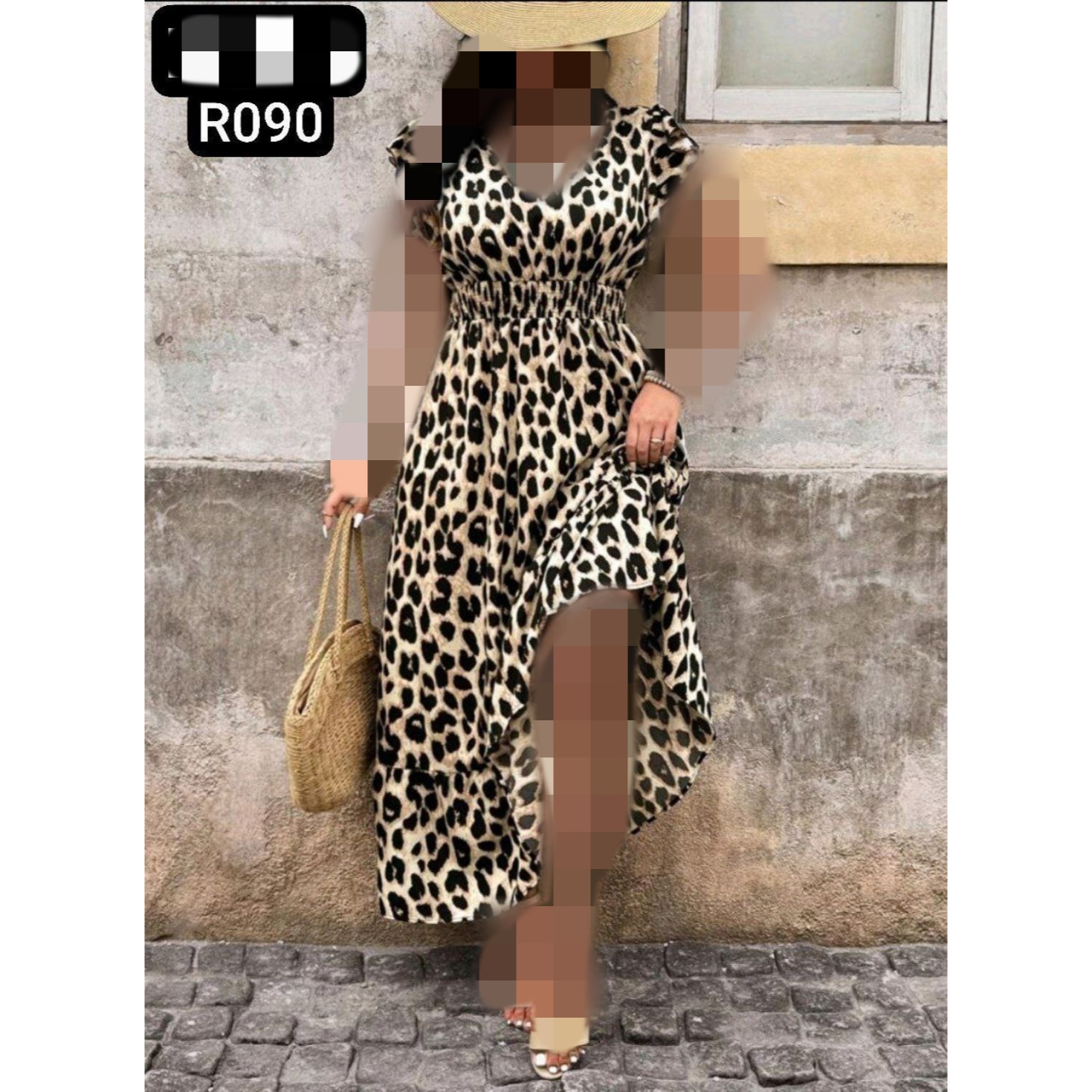 R090 پیراهن مجلسی پلنگی لاکچری کریشه‌ خنک‌ عالی فری سایز ۳۸ تا ۴۶ تن شیک