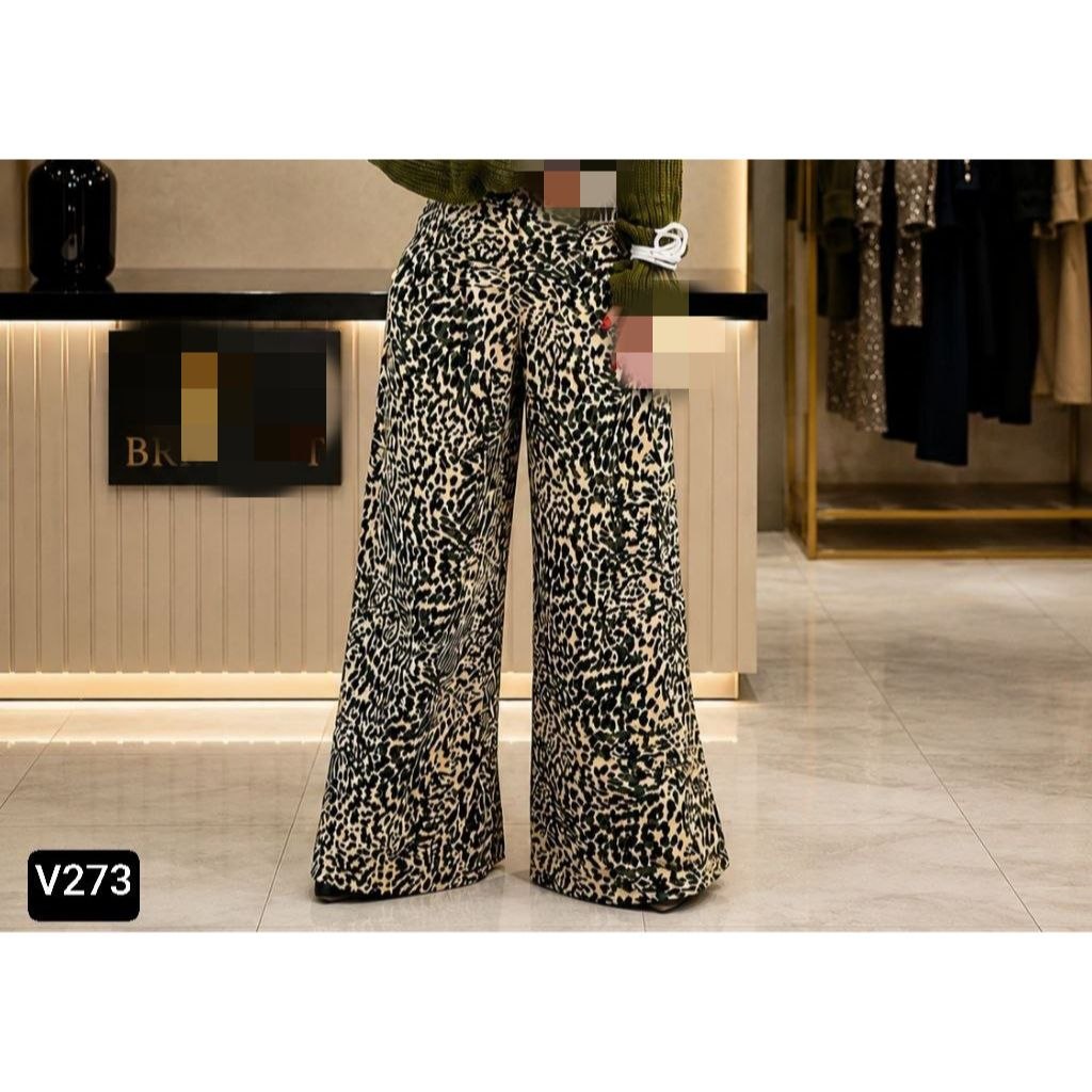 V273,V273 شلوار تک‌ پلنگی کریشه خنک کمر پهن ۱۰ سانتی فری سایز ۳۸ تا ۴۴ تن شیک